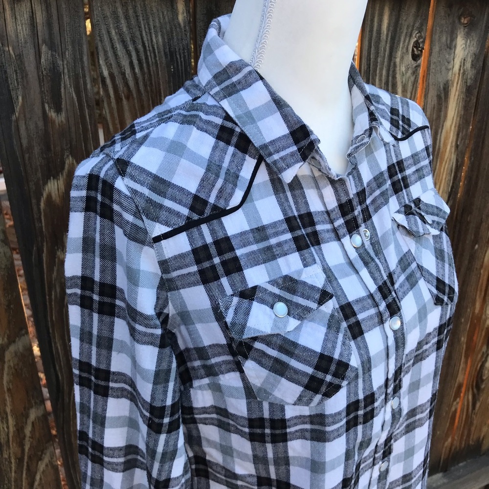 Western Flannel Shirt - Black & White Plaid